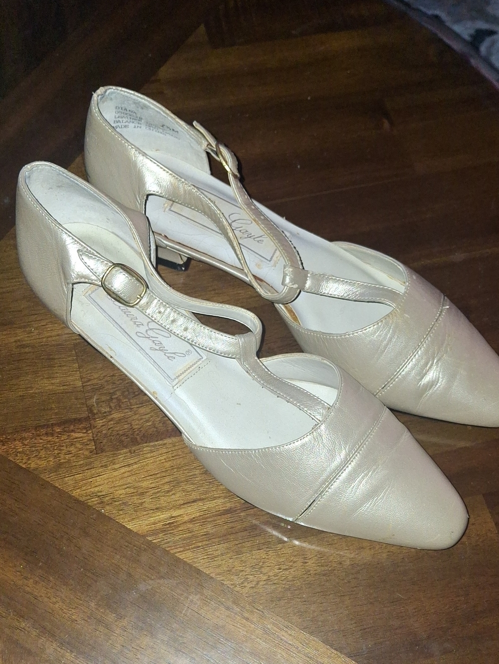 Laura Gayle Leather Pointed T-Strap Low Heel Pumps